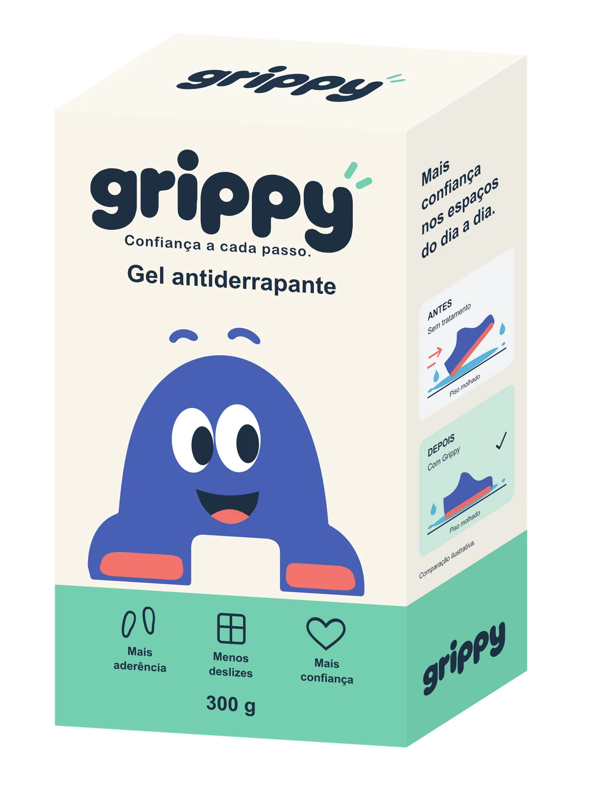 GRIPPY packaging: an ivory and mint carton with the blue mascot