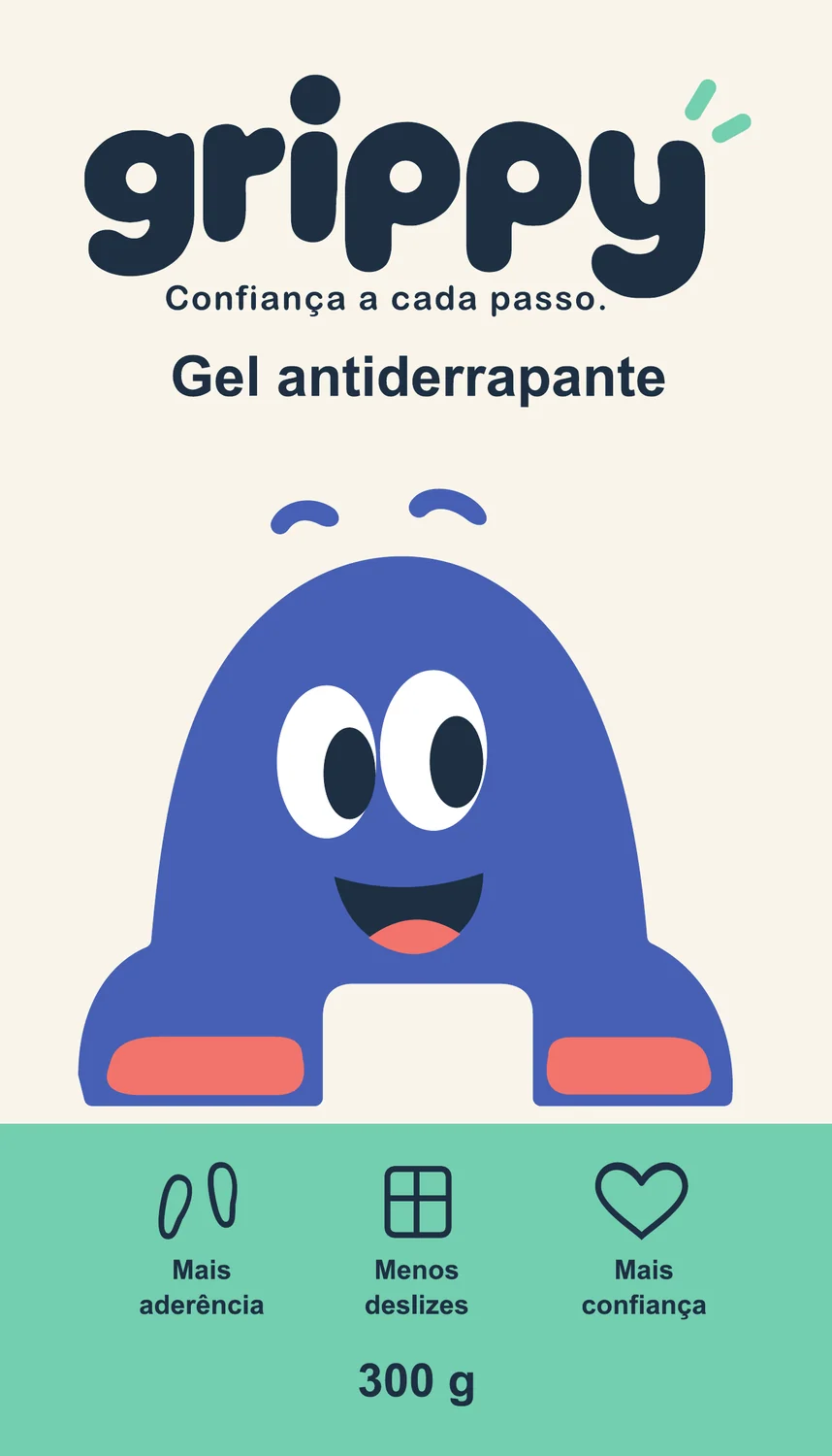 Front panel of the GRIPPY carton: logo, product name, mascot, three benefit icons and 300 g