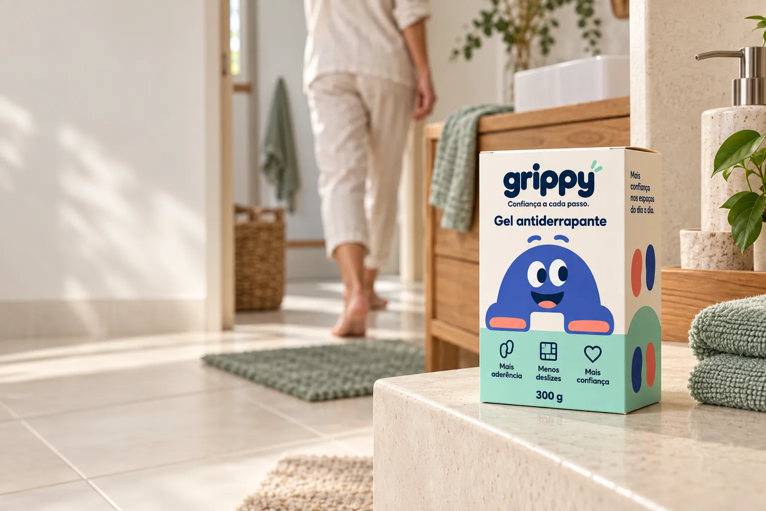 Concept image of a GRIPPY carton on a bathroom ledge at home